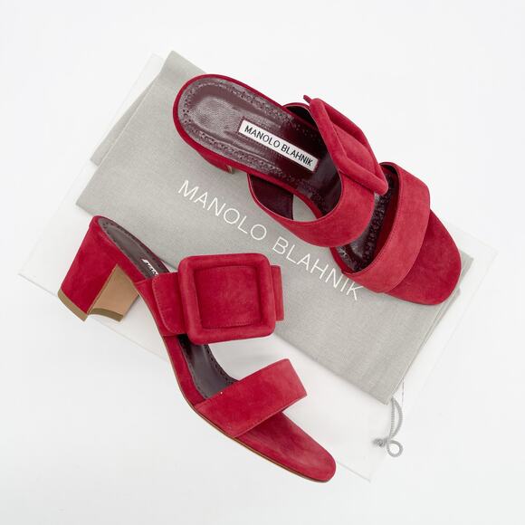 Manolo Blahnik Shoes - Manolo Blahnik Titubanew Red Suede Open Toe Buckle Mule Sandals Heels IT 37